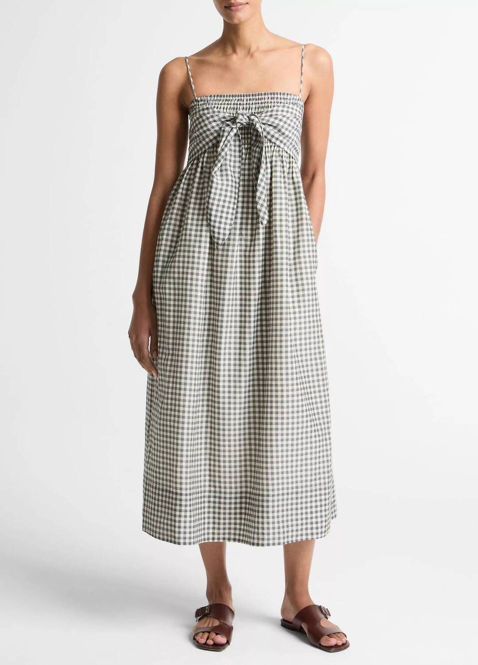 NEW VINCE smocked cami dress in off white/smoke